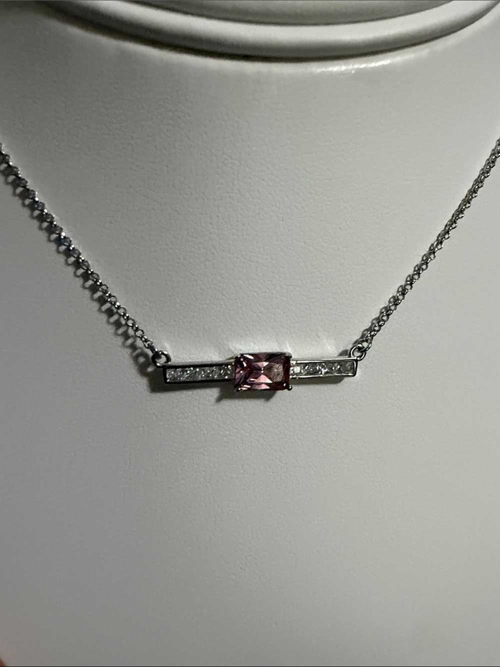 BP Sterling Silver Bar Necklace with Pink Rhodolite and CZ  “the Sterling club”